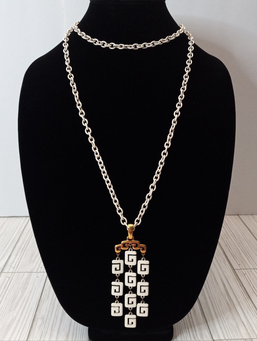 Vintage Trifari White & Gold Waterfall Double Chain Geometric Pendant Necklace